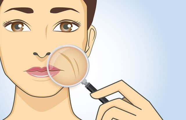 illustration of woman looking at her wrinkles with a magnifying glass