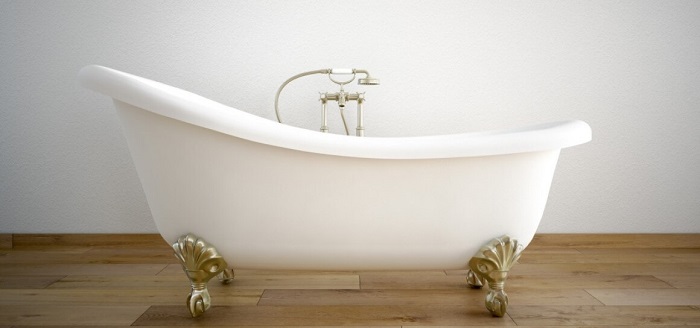 Vintage bath tube in a room with white wall. 3d rendering Vintage bath tube in a room with white walls